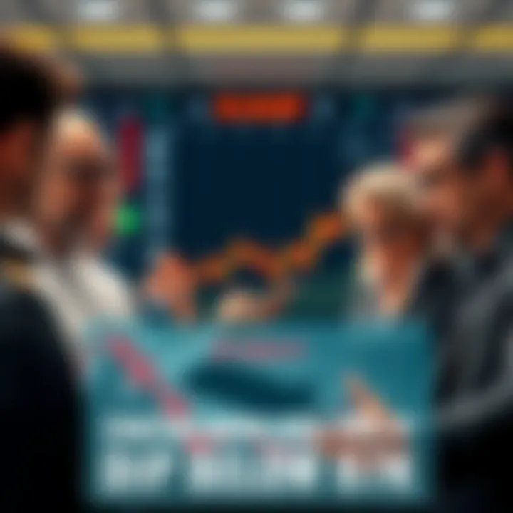 A group of worried investors discussing market trends surrounded by charts and graphs showing a price dip below 87K