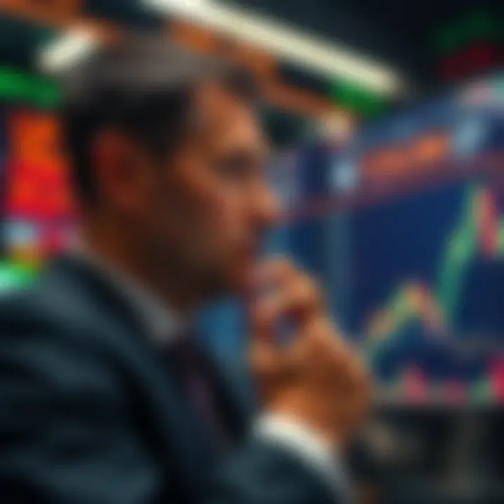 An investor looking at a stock market chart with a thoughtful expression