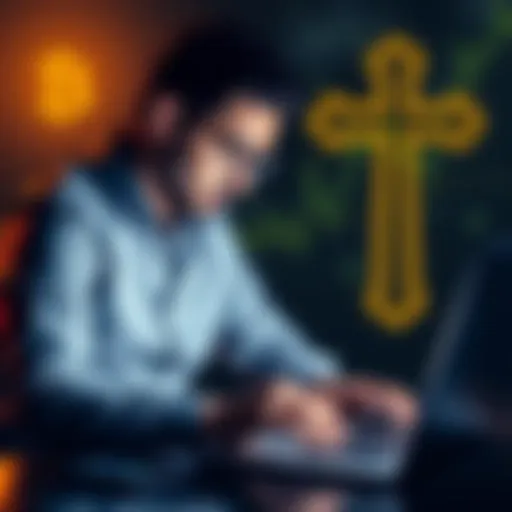 An investor looking at Bitcoin trends on a laptop with a cross symbol in the background, representing faith and finance