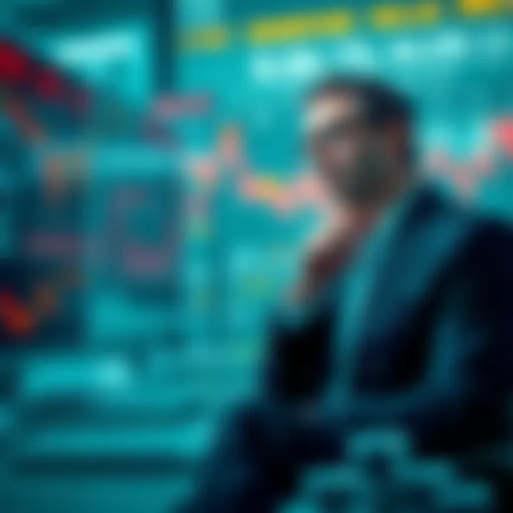 A thoughtful investor looking at market graphs and financial news, weighing decisions to hold or sell investments.