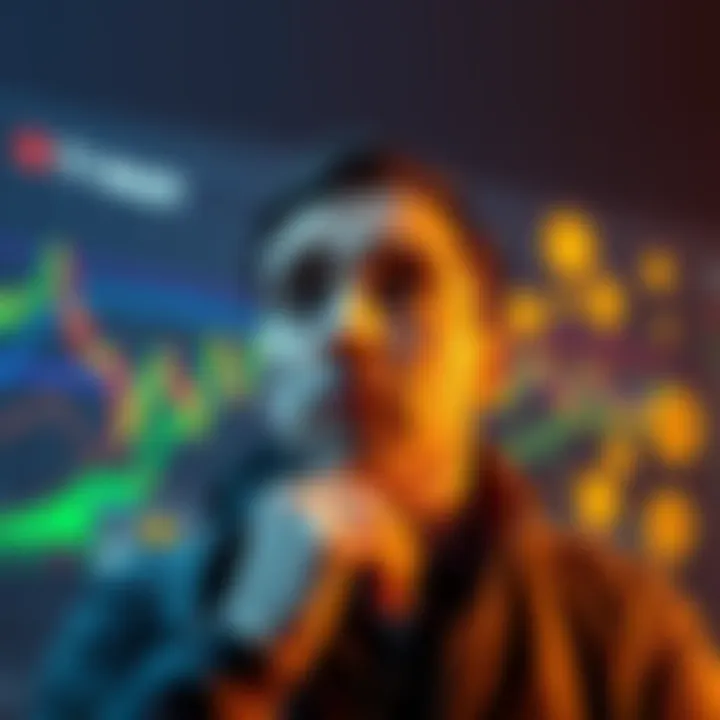 An investor looks at cryptocurrency graphs showing fluctuations, with expressions of uncertainty. The background includes digital currency symbols and a bearish trend line.