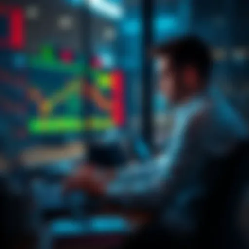 A person sitting at a desk with a laptop, looking worried while analyzing stock graphs on the screen during a market downturn.