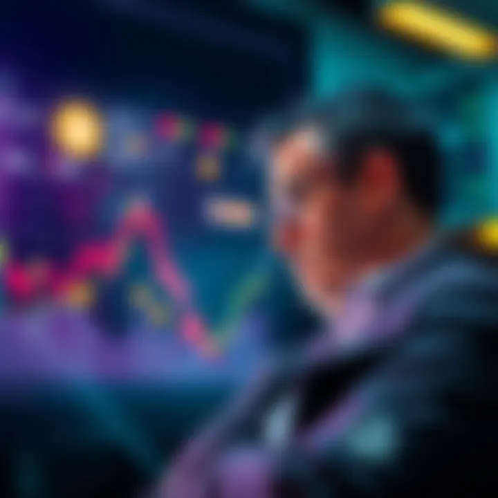 A thoughtful investor looking at charts and crypto coins, weighing options for future investments