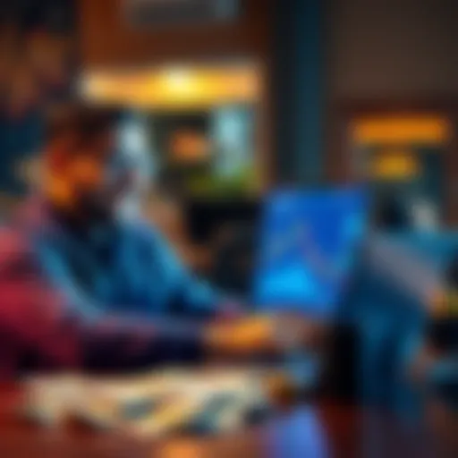 A person smiling while looking at a cryptocurrency investment chart on their laptop, with dollar bills on the table