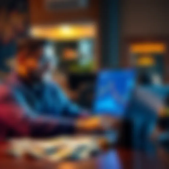 A person smiling while looking at a cryptocurrency investment chart on their laptop, with dollar bills on the table