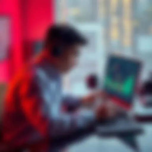 A person sits at a desk with charts and graphs of cryptocurrency on a laptop, showing both losses and gains, symbolizing their emotional journey in the market.