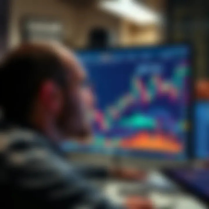 An investor contemplating market trends with charts and graphs on a screen in front of them, symbolizing the ups and downs of cryptocurrency investing.