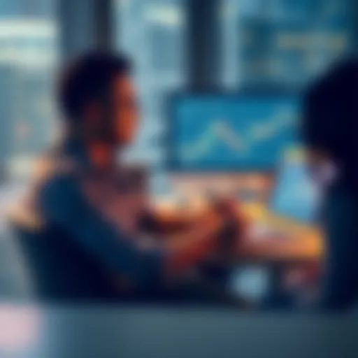 A person sitting at a desk with a laptop and a notepad, looking at cryptocurrency charts and discussing investment options with peers.