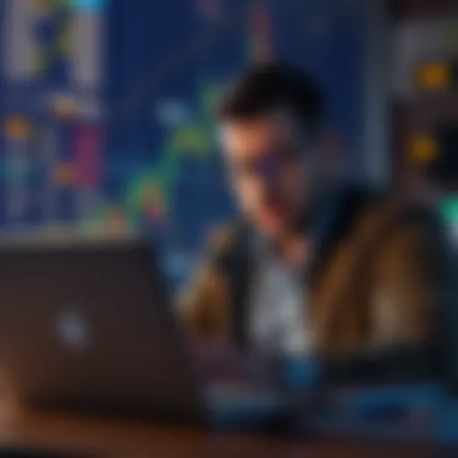 An investor looking worried while checking their financial portfolio on a laptop, symbolizing a tough decision to sell after a loss.