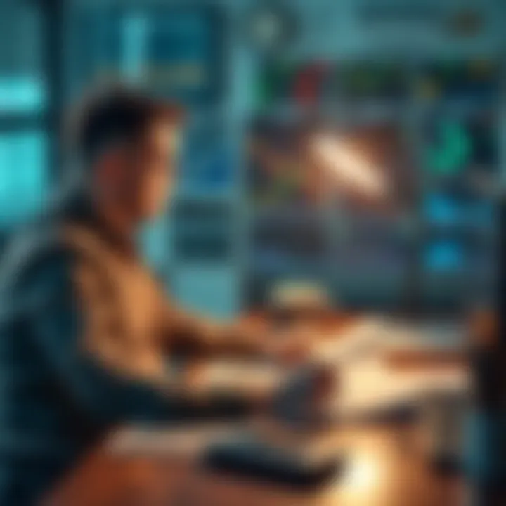 An investor sits at a desk, looking at stock charts and financial reports, pondering whether to sell or hold an asset.