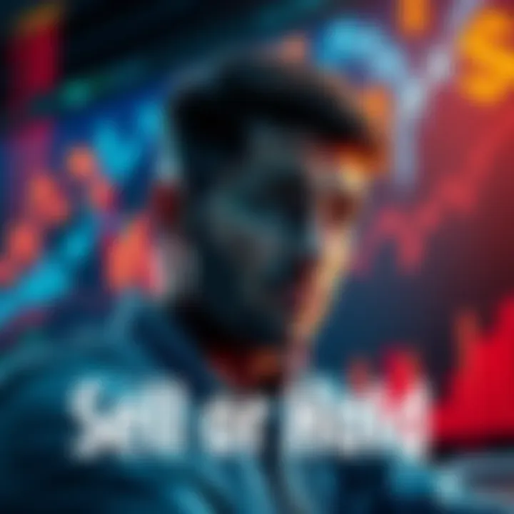 Investor Decision Making An investor contemplating whether to sell or hold assets during market fluctuations, with charts and dollar signs in the background.