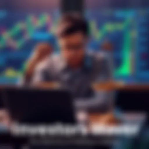 A person sitting at a desk with a laptop, looking conflicted while staring at stock charts and holding a pair of scales weighing 'Hold' and 'Sell'.