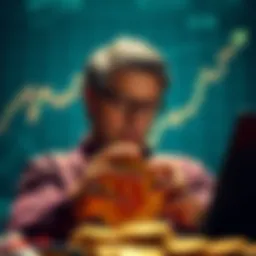 An investor shifting their focus from index funds to Bitcoin, with a graph showing Bitcoin's growth potential in the background.
