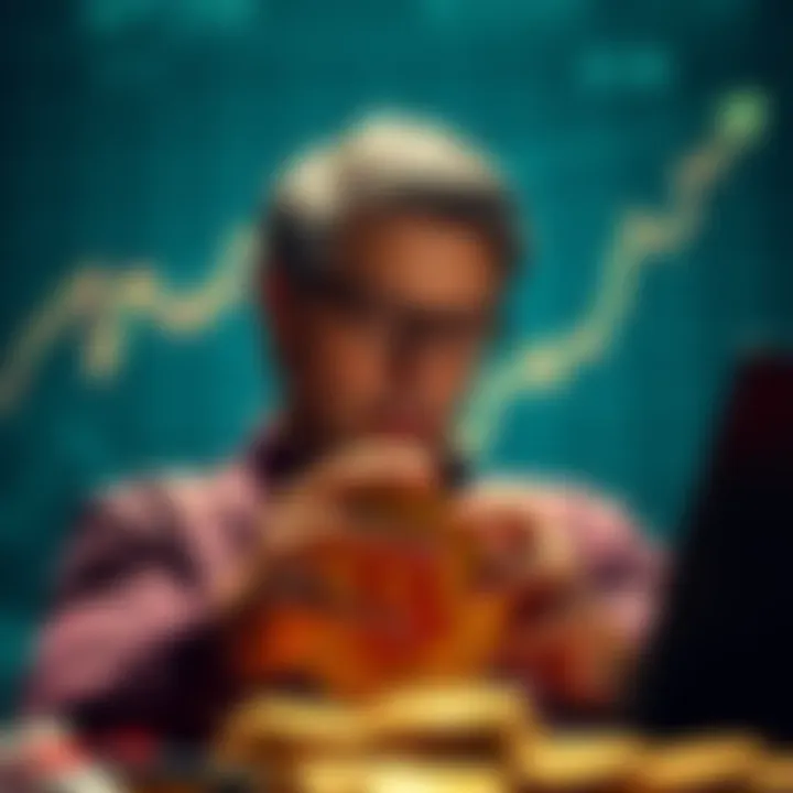 An investor shifting their focus from index funds to Bitcoin, with a graph showing Bitcoin's growth potential in the background.