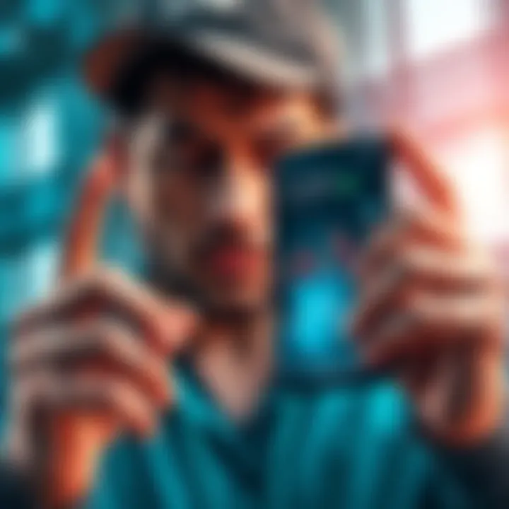 A person holding a smartphone with cryptocurrency charts on the screen, showing a determined expression.