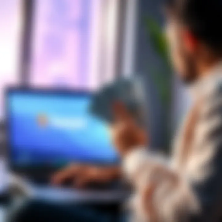An investor holding a stack of cash with a laptop displaying the Kaspa logo in the background, symbolizing a financial commitment to cryptocurrency.