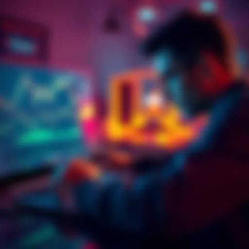 Investor focused on a laptop screen displaying Kaspa cryptocurrency trends and charts
