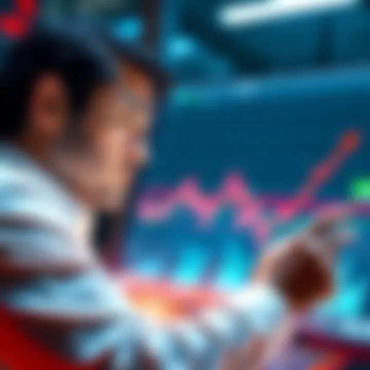 An investor studying market trends, focused on a financial chart showing potential drops and rises, with a confident expression.