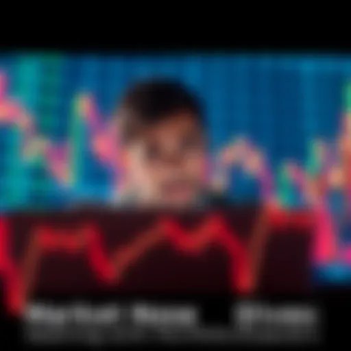 An investor looking worried while checking stock prices on a laptop during a market downturn, framed by falling graph lines.