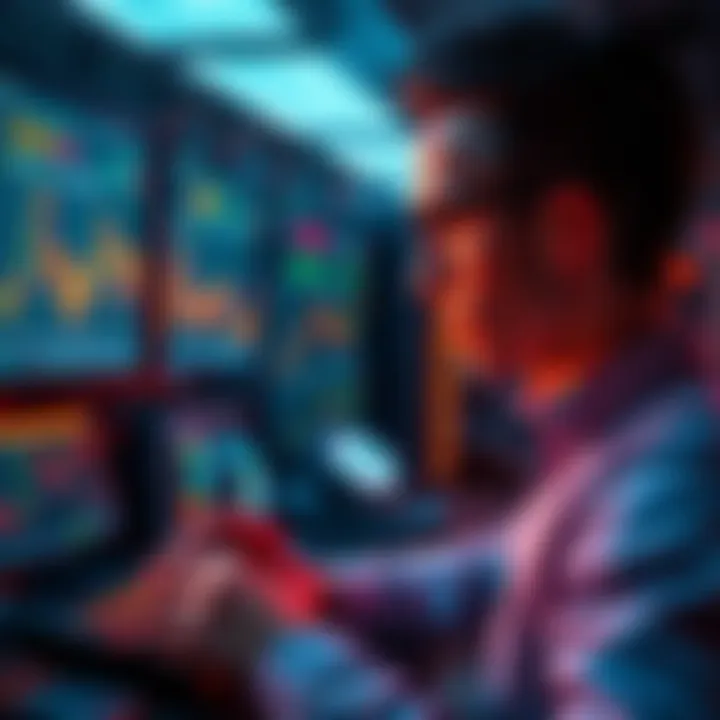 An investor working on cryptocurrency mining setup, surrounded by computer hardware and screens showing digital currency graphs. The atmosphere is focused and intense as they aim for future profits by...