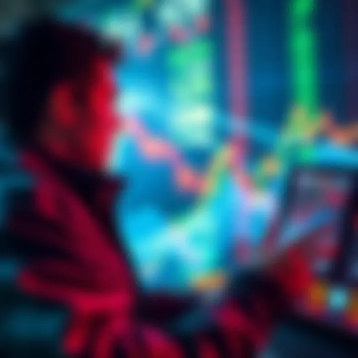 Investor Navigating HBAR Market Waves A determined investor analyzing HBAR trends against a backdrop of fluctuating market graphs and charts.