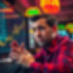 A worried investor looking at falling stock prices on a computer screen, showing signs of panic and concern