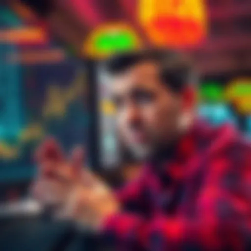 A worried investor looking at falling stock prices on a computer screen, showing signs of panic and concern