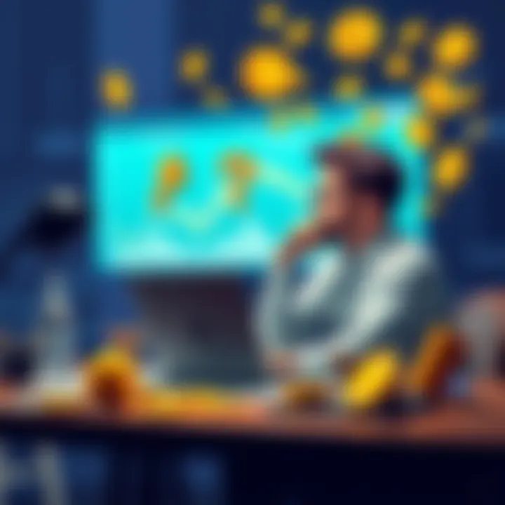Investor questioning Bitcoin critics A person sitting at a table with a laptop, looking thoughtfully at Bitcoin charts, surrounded by money symbols, while pondering why critics aren't investing,