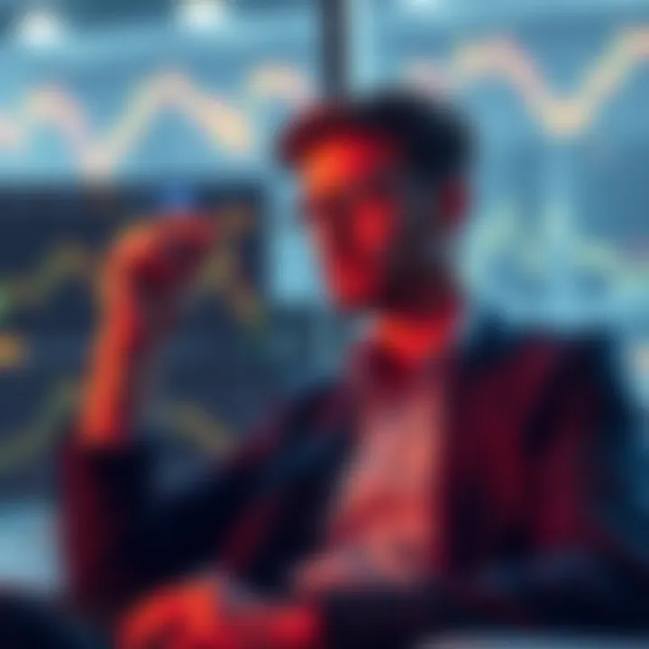A thoughtful investor looking at graphs of cryptocurrency prices, showing ups and downs, symbolizing emotional journey in the market.