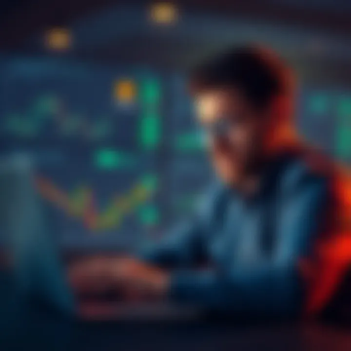 Investor Reflecting on Loss A man looking distressed while checking cryptocurrency charts on his laptop, showing graphs of LRC and Bitcoin, symbolizing his financial loss.