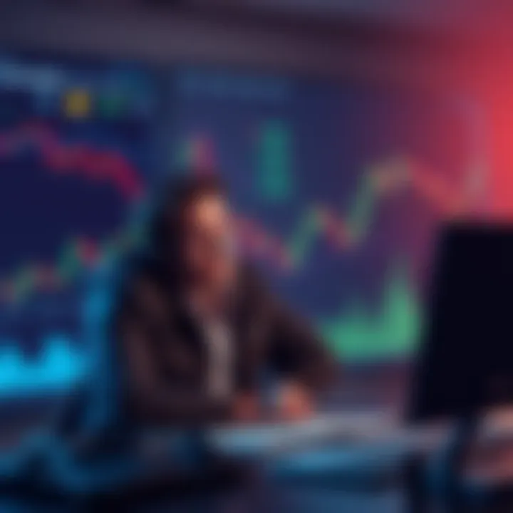 An investor sits at a desk looking worried, surrounded by cryptocurrency charts showing declines, specifically focusing on Polygon while BTC, ETH, XRP, and ADA are visualized in the background with rising trends.