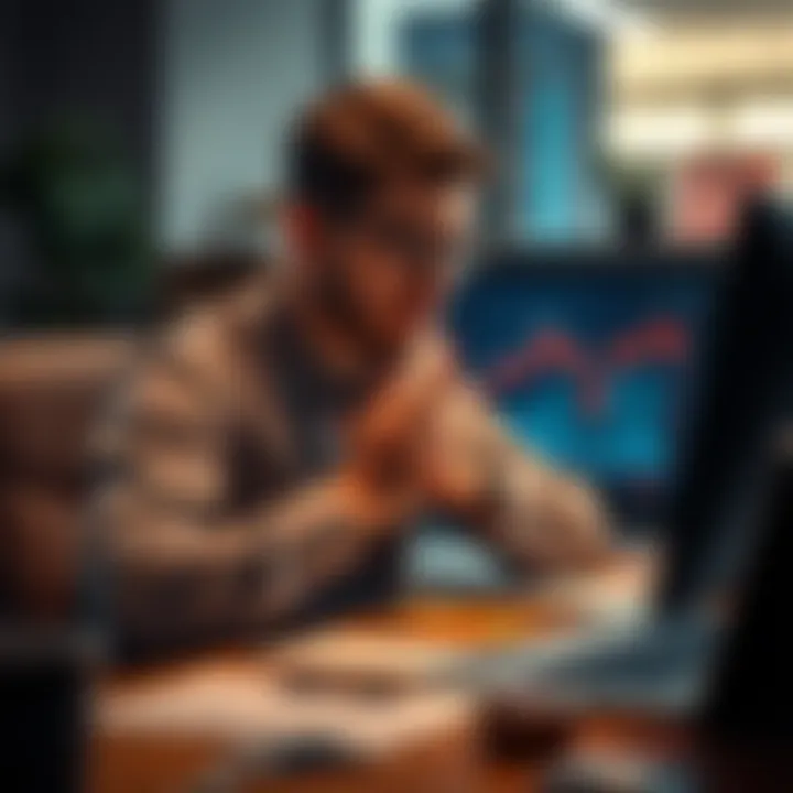 A person sitting at a desk with head in hands, looking at financial charts showing a downward trend, symbolizing regret after selling assets
