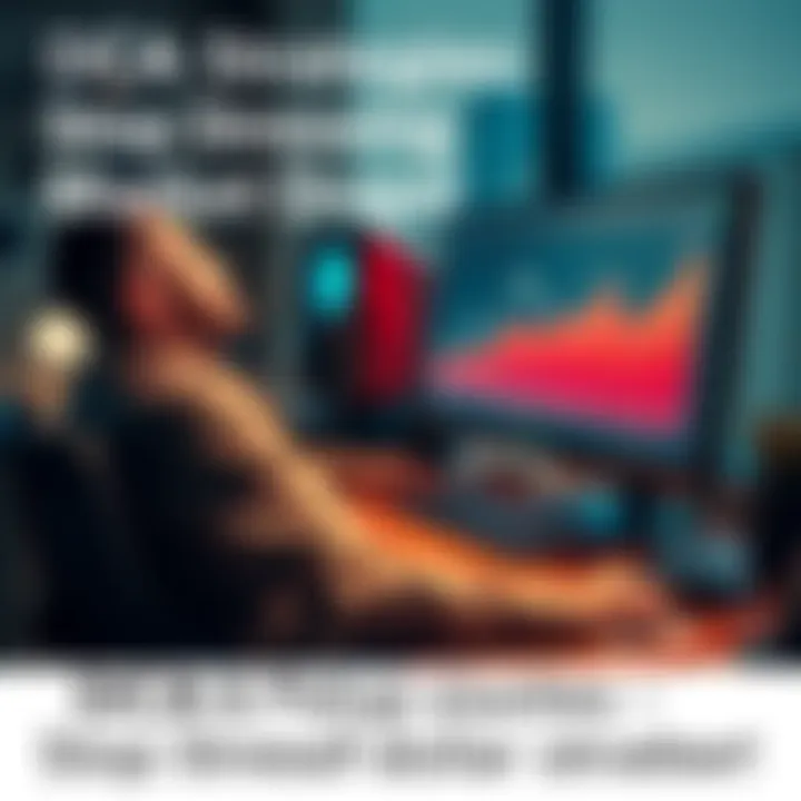 A person sitting calmly at a desk, looking at financial charts on a computer screen, showing a steady upward trend, symbolizing dollar-cost averaging. The person appears relaxed and confident about th...