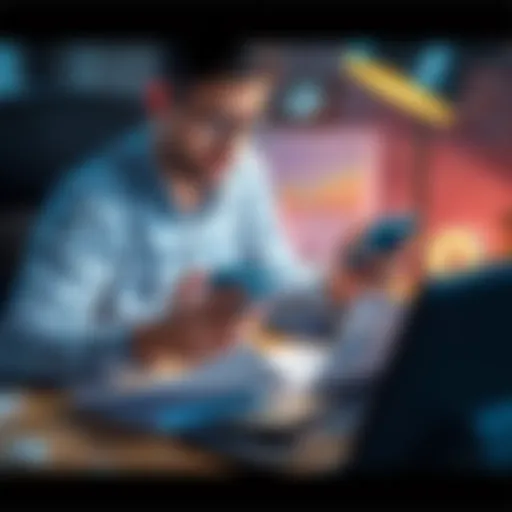 An investor looking worried, holding a smartphone and reviewing stock charts while sitting at a desk with financial documents scattered around.