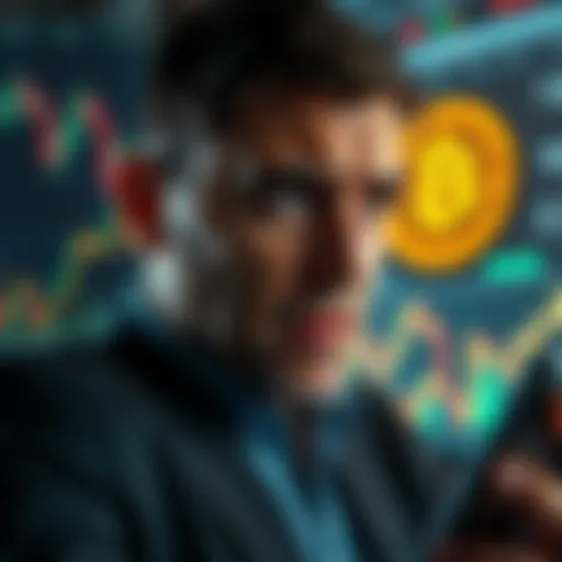 An investor looking worriedly at financial graphs and Bitcoin charts, expressing concern about market volatility.