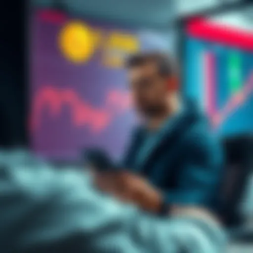 An investor is shown in front of a computer screen displaying falling Bitcoin prices, looking concerned while holding a phone, indicating a shift to stocks and commodities.