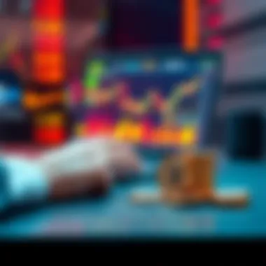 Investor Selling KAS Holdings A person reviewing stock market data while preparing to sell KAS holdings, showing a stock chart on a laptop screen and a small stack of KAS tokens on a desk.