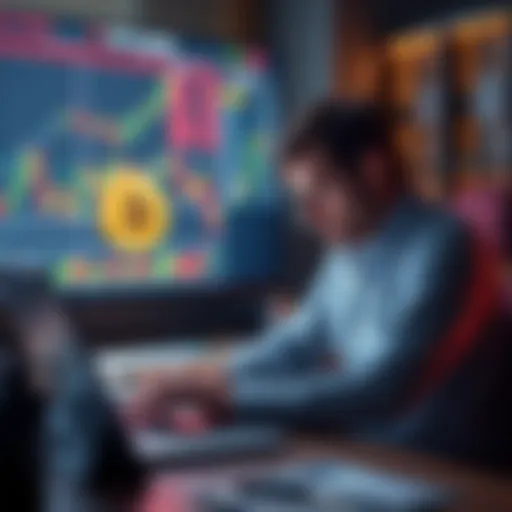 A worried investor sits at a desk with a laptop, looking stressed while examining stock charts, with a Bitcoin logo visible on the screen.