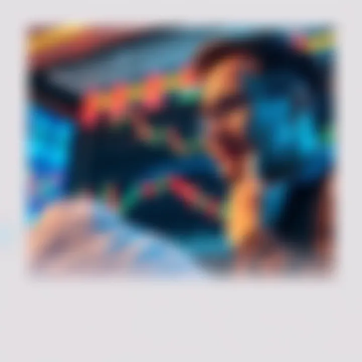 An investor studying market trends on a digital screen, showing graphs and trading data for Pi currency with a hopeful expression.