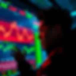 A person looking at a screen displaying fluctuating stock prices, showing a mix of red and green indicators that represent price dips and spikes.