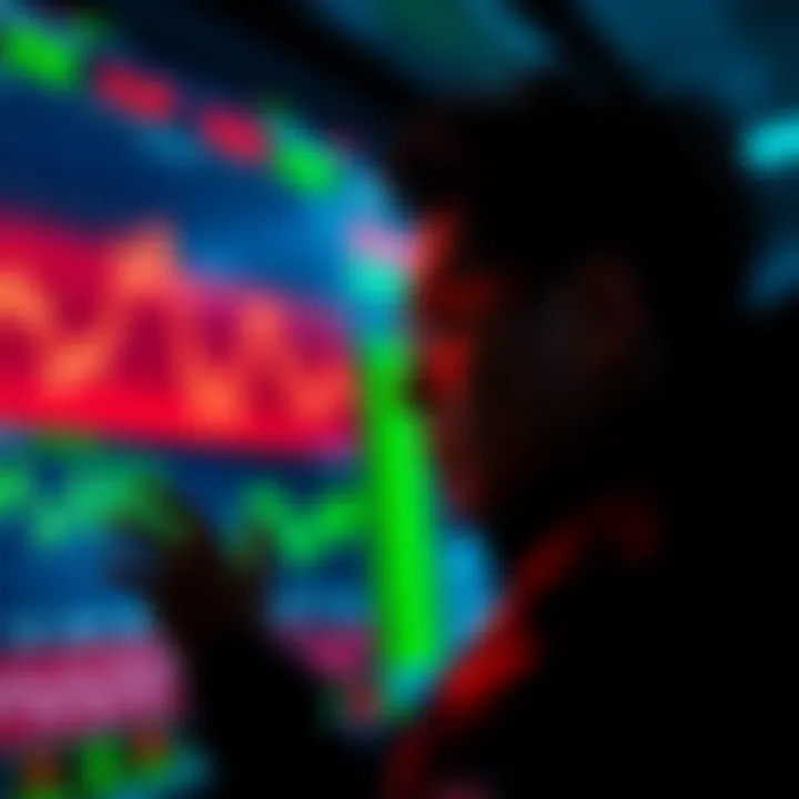 Investor watching stock prices A person looking at a screen displaying fluctuating stock prices, showing a mix of red and green indicators that represent price dips and spikes.