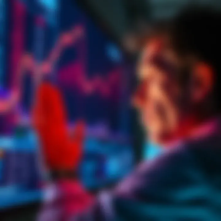 A worried investor staring at falling stock prices on a screen, symbolizing fear in volatile markets.