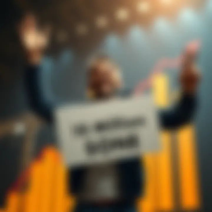 A happy investor celebrating their success in surpassing 10 million $ONE tokens, holding a sign that says 'On Track for $1' with a graph rising in the background.