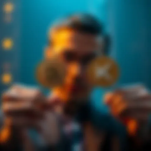 A person looking at two digital coins, Bitcoin symbol on one side and Kas symbol on the other, weighing their investment choices.