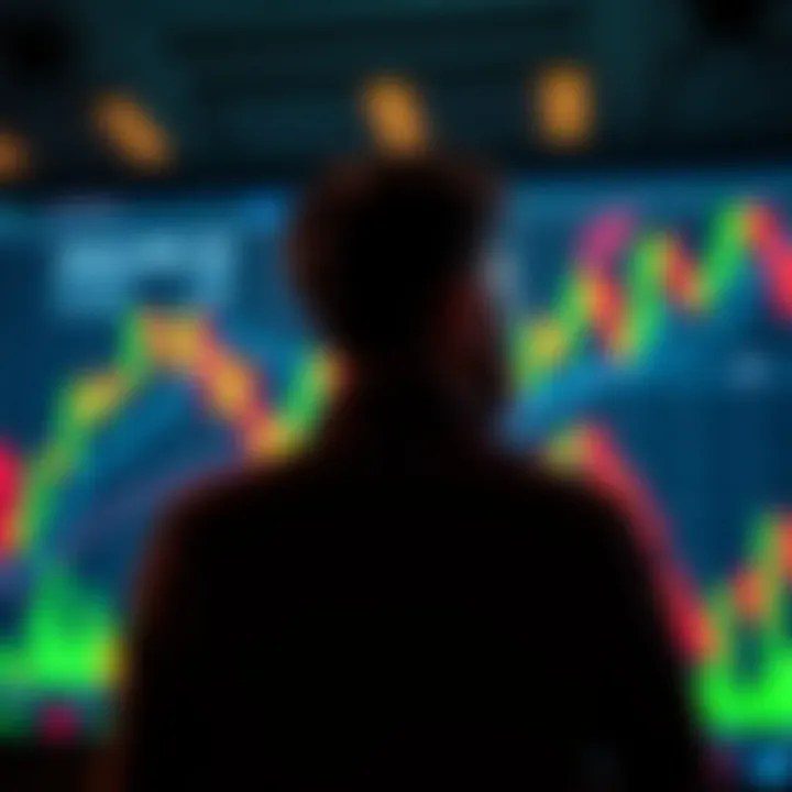 A person watching a stock chart with green candles while red flags are visible in the background, symbolizing ignored risks in investments