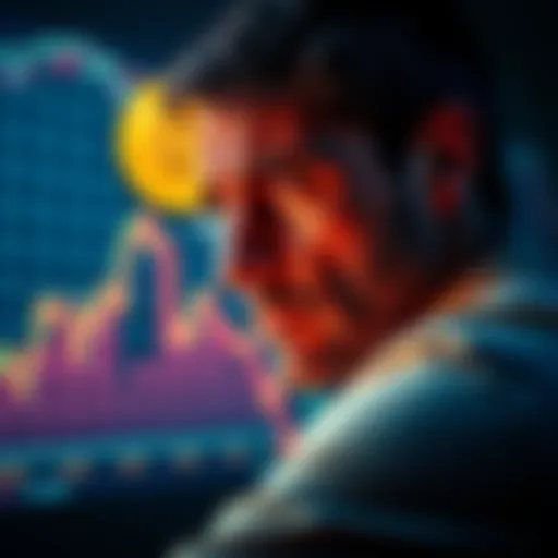 An investor looks distressed while watching a Bitcoin price chart showing a sharp decline. His expressions reflect feelings of loss and worry about the future of cryptocurrency.