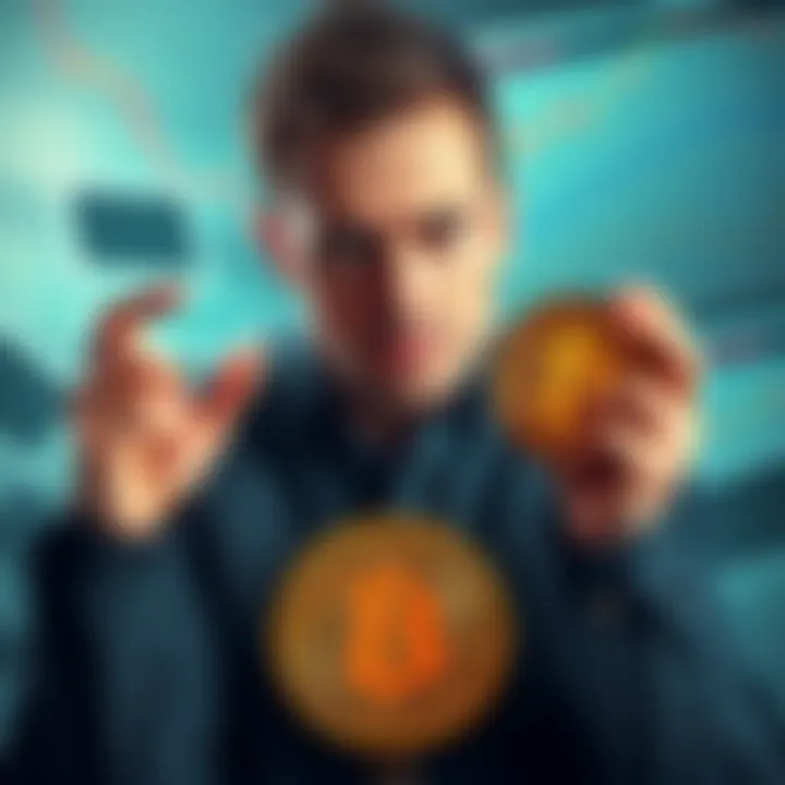 An investor looking worried while holding a Bitcoin symbol, surrounded by negative news articles and charts.