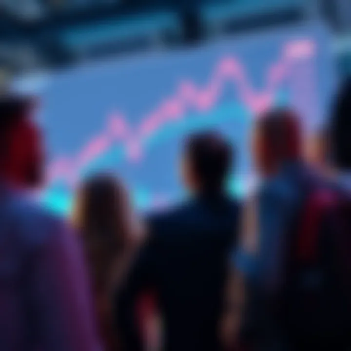 A group of investors looking at a rising stock chart on a screen, showing excitement about Algorand's recent performance in cryptocurrency.