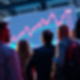 Investors Excited About Algorand A group of investors looking at a rising stock chart on a screen, showing excitement about Algorand's recent performance in cryptocurrency.