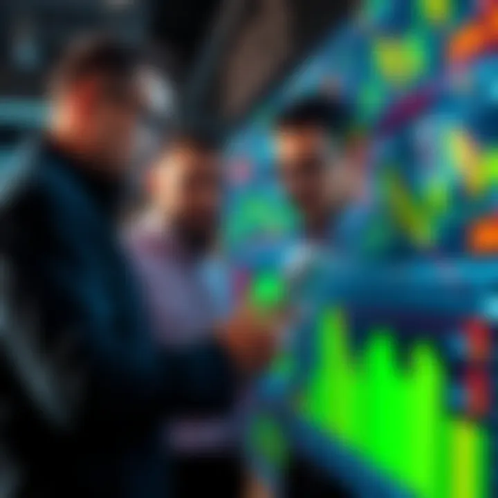 Group of investors looking at charts and graphs on a digital screen, discussing altcoin market trends and social media reactions.